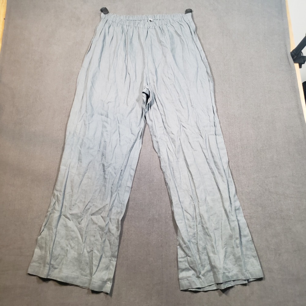 John Patrick Organic Linen Pants Womens XL Blue‎ Grey Wide Leg Elastic Waist